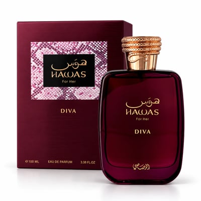RASASI Hawas Diva by Rasasi 100ml EDP — A deep burgundy perfume bottle with gold accents and the brand name 'HAWAS' in Arabic and English. A matching burgundy box with a pink snakeskin pattern is displayed next to it.
