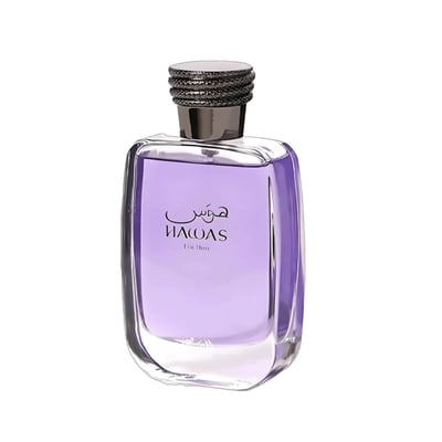 Rasasi Hawas For Him Eau De Parfum 100ml by Rasasi — A clear glass perfume bottle with purple liquid and a textured grey cap sits next to a black product box with a snakeskin pattern label. | Rasasi Hawas For Him Eau De Parfum 100ml by Rasasi — Botol minyak wangi kaca jernih dengan cecair ungu dan penutup kelabu