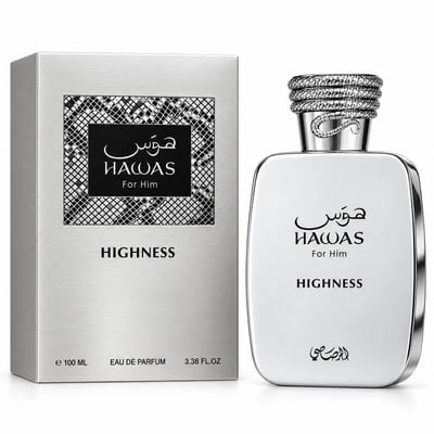 RASASI Hawas Highness by Rasasi 100ml EDP — Silver box with intricate black pattern and text, next to a silver bottle with a textured silver cap and matching text.