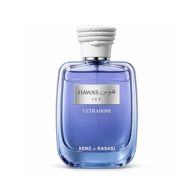 Kenz de Rasasi Hawas Ice Ultradose by Kenz de Rasasi 100ml Men — A clear glass perfume bottle with blue liquid, featuring a silver label with Arabic and English text, and a white rope-like cap.