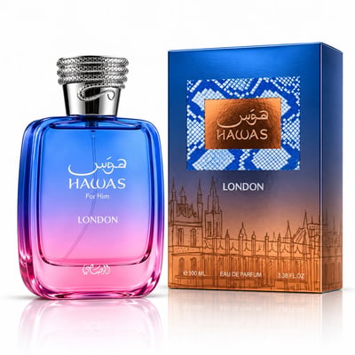 RASASI Hawas London by Rasasi — Blue and pink gradient glass perfume bottle with a silver snake-like cap, next to its blue and orange box featuring London skyline sketch and snake pattern.