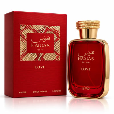 RASASI Hawas Love For Her by Rasasi 100ml EDP — Red perfume bottle with gold accents and matching red box with gold patterned detail, displayed together on a white background.