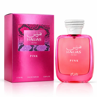 RASASI Hawas Pink by Rasasi 100ml EDP — Pink metallic box with snake print detail next to a pink glass perfume bottle with white braided cap.