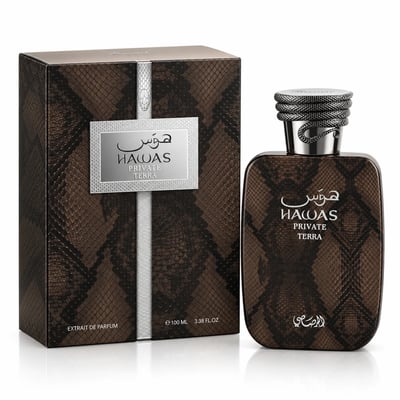RASASI Hawas Private Terra by Rasasi 100ml EDP — A brown snakeskin-patterned perfume box and bottle with silver accents and a coiled snake cap