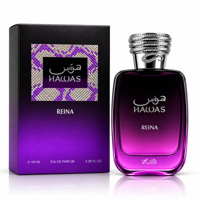 RASASI Hawas Reina by Rasasi 100ml EDP — Black and purple gradient box with intricate mosaic pattern, next to a clear glass perfume bottle with a gradient purple to black liquid and a textured silver cap.