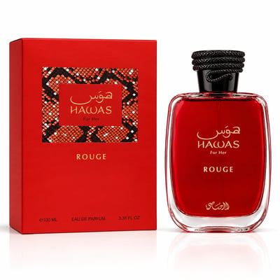 RASASI Hawas Rouge by Rasasi 100ml EDP — Red perfume bottle and matching red box with snake-skin pattern detail, presented on a white background.