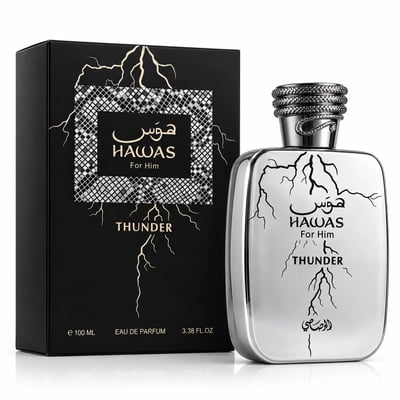 RASASI Hawas Thunder by Rasasi 100ml EDP — White bottle with black lightning bolt design and Arabic script, silver snake-wrapped cap.