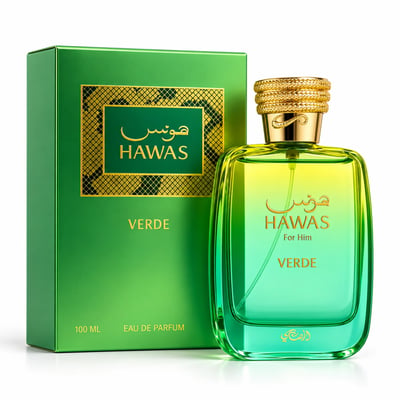 RASASI Hawas Verde by Rasasi 100ml EDP — Green box with gold accents next to a gradient green and yellow glass perfume bottle with a gold textured cap.