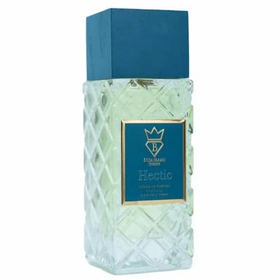 Bujairami Hectic — Clear faceted glass perfume bottle with blue cap next to blue presentation box with gold logo
