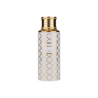 Maison Asrar Heritage by Maison Asrar 100ml EDP Unisex — White bottle with gold geometric pattern and gold fluted cap