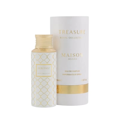 Maison Asrar Heritage by Maison Asrar 100ml EDP Unisex — White bottle with gold geometric pattern and gold fluted cap
