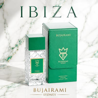 Bujairami Ibiza by Bujairami 100ml Extrait de Parfum — Clear faceted glass bottle with green cap and label next to a green