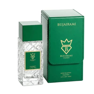 Bujairami Ibiza by Bujairami 100ml Extrait de Parfum — Clear faceted glass bottle with green cap and label next to a green
