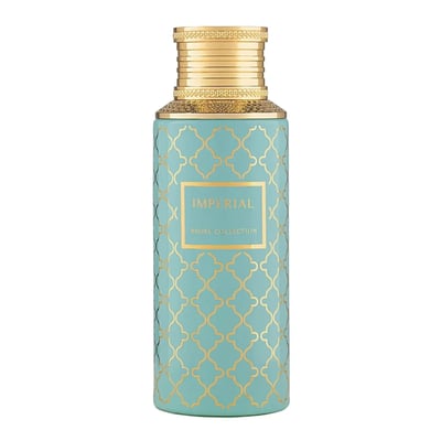 Maison Asrar Imperial by Maison Asrar 100ml EDP Unisex — A teal perfume bottle with a gold geometric pattern and a gold cap, featuring a gold-bordered label with 'IMPERIAL' and 'ROYAL COLLECTION' text.