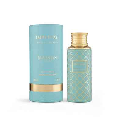 Maison Asrar Imperial by Maison Asrar 100ml EDP Unisex — A teal perfume bottle with a gold geometric pattern and a gold cap, featuring a gold-bordered label with 'IMPERIAL' and 'ROYAL COLLECTION' text.