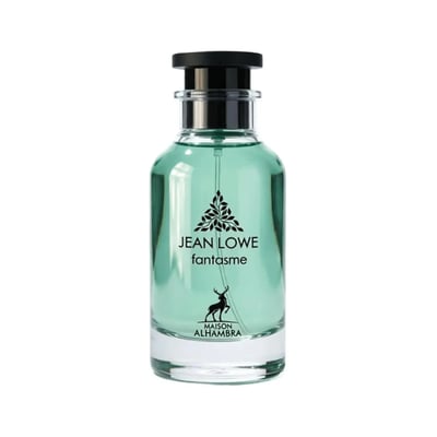 Maison Alhambra Jean Lowe Fantasme — Blue liquid in a clear glass bottle with a black cap, next to a white textured cylindrical box with black labels featuring a deer logo and text. | Maison Alhambra Jean Lowe Fantasme — Cecair biru dalam botol kaca jernih bertutup hitam, bersebelahan kotak silinder bertekstur putih