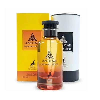 Maison Alhambra Jean Lowe Summer Vibes 100ml Alhambra — A perfume bottle with a gradient of yellow to orange to red liquid, set against a bright yellow box and a white cylindrical case. | Maison Alhambra Jean Lowe Summer Vibes 100ml Alhambra — Botol minyak wangi dengan cecair gradien dari kuning ke jingga ke merah