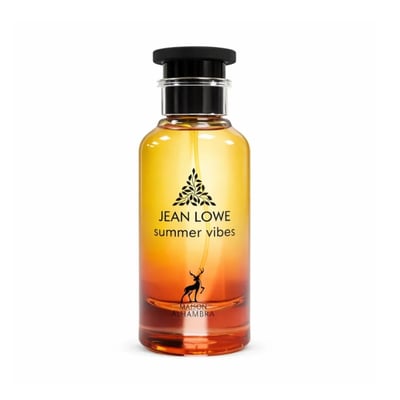 Maison Alhambra Jean Lowe Summer Vibes 100ml Alhambra — A perfume bottle with a gradient of yellow to orange to red liquid, set against a bright yellow box and a white cylindrical case. | Maison Alhambra Jean Lowe Summer Vibes 100ml Alhambra — Botol minyak wangi dengan cecair gradien dari kuning ke jingga ke merah
