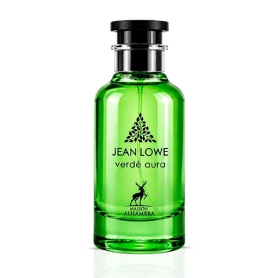 Maison Alhambra Jean Lowe Verde Aura Alhambra 100ml — A green glass perfume bottle and its matching light green box with cactus and leaf illustrations, set against a white background. | Maison Alhambra Jean Lowe Verde Aura Alhambra 100ml — Botol kaca hijau dan kotak hijau muda padanannya dengan ilustrasi kaktus dan
