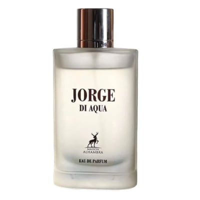Maison Alhambra Jorge Di Profumo Aqua — A white box and a frosted glass bottle of Jorge Di Profumo Aqua perfume, with a deer logo on both. | Maison Alhambra Jorge Di Profumo Aqua — Kotak putih dan botol kaca beku minyak wangi Jorge Di Profumo Aqua, dengan logo rusa pada kedua-duanya.