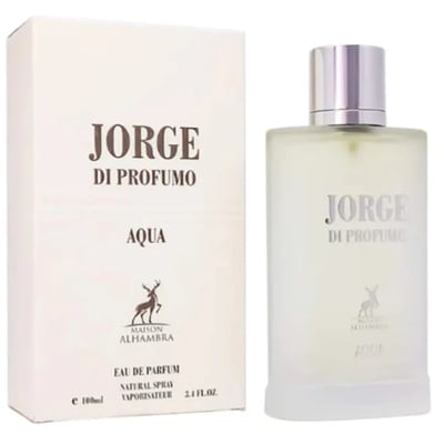 Maison Alhambra Jorge Di Profumo Aqua — A white box and a frosted glass bottle of Jorge Di Profumo Aqua perfume, with a deer logo on both. | Maison Alhambra Jorge Di Profumo Aqua — Kotak putih dan botol kaca beku minyak wangi Jorge Di Profumo Aqua, dengan logo rusa pada kedua-duanya.