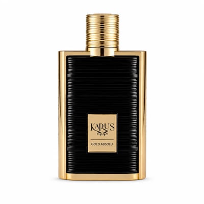 Khadlaj Karus Gold Absolu by Khadlaj 100ml EDP Unisex — Black ribbed bottle with gold accents and cap, next to its dark brown box with gold vertical lines and a gold label.