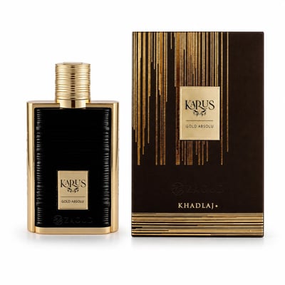 Khadlaj Karus Gold Absolu by Khadlaj 100ml EDP Unisex — Black ribbed bottle with gold accents and cap, next to its dark brown box with gold vertical lines and a gold label.