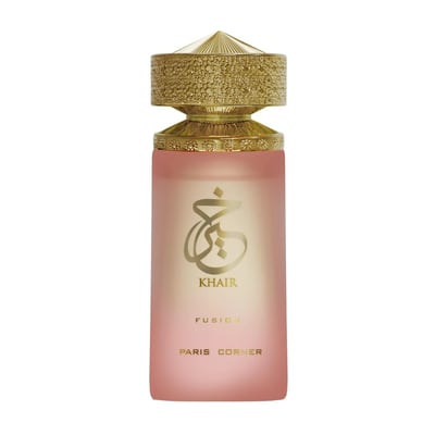 Paris Corner Khair Fusion Her 100ml — Red and gold patterned box next to a frosted pink perfume bottle with a gold textured cap. | Paris Corner Khair Fusion Her 100ml — Kotak corak merah dan emas di sebelah botol minyak wangi merah jambu beku dengan penutup bertekstur emas.