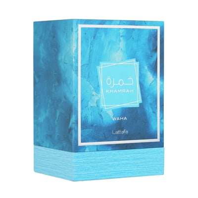 Lattafa Khamrah Waha Lattafa Perfumes 100ml EDP — Blue marbled box with white frame and Arabic text Khamrah