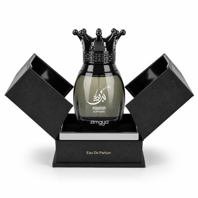 Zimaya Kibria Supremo — Black textured box and black crown-topped perfume bottle with Arabic calligraphy and 'KIBRIA SUPREMO' text.