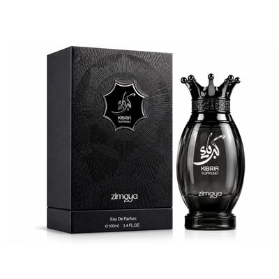 Zimaya Kibria Supremo — Black textured box and black crown-topped perfume bottle with Arabic calligraphy and 'KIBRIA SUPREMO' text.