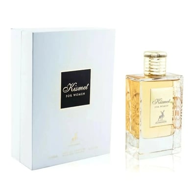Maison Alhambra Kismet for Women 100ml by Maison Alhambra — A white box and a clear glass perfume bottle with gold accents and a deer emblem, displayed against a white background. | Maison Alhambra Kismet for Women 100ml by Maison Alhambra — Peti putih dan botol minyak wangi kaca jernih dengan perincian emas dan