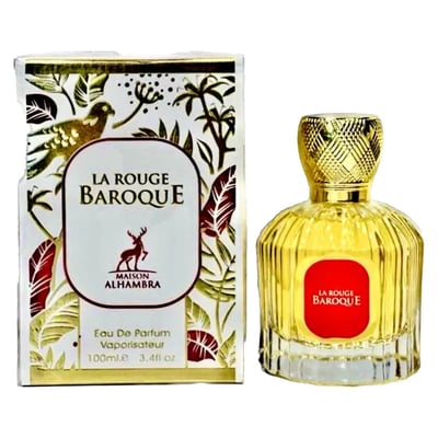 Maison Alhambra La Rouge Baroque 100ml — A perfume bottle with yellow liquid and a red label, next to its decorative box with gold and red leaf patterns and a deer logo. | Maison Alhambra La Rouge Baroque 100ml — Botol minyak wangi dengan cecair kuning dan label merah, bersebelahan dengan kotak hiasannya dengan corak
