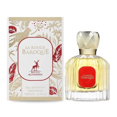 Maison Alhambra La Rouge Baroque 100ml — A perfume bottle with yellow liquid and a red label, next to its decorative box with gold and red leaf patterns and a deer logo. | Maison Alhambra La Rouge Baroque 100ml — Botol minyak wangi dengan cecair kuning dan label merah, bersebelahan dengan kotak hiasannya dengan corak