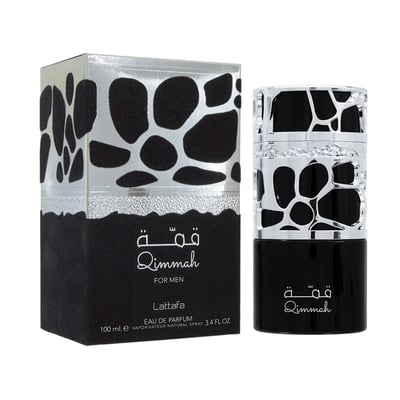 Lattafa Qimmah Eau De Parfum for Men 100ml — A black perfume box with a clear plastic overlay featuring a black and silver giraffe-like pattern sits next to a matching black perfume bottle with a silver, patterned cage-like cap. | Lattafa Qimmah Eau De Parfum for Men 100ml — Kotak minyak wangi hitam dengan lapisan