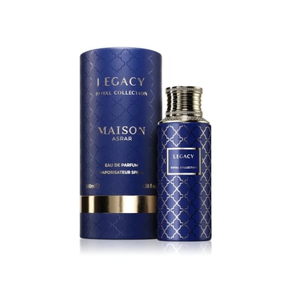 Maison Asrar Legacy by Maison Asrar 100ml EDP Unisex — Blue cylindrical box and matching perfume bottle with gold accents and intricate geometric pattern