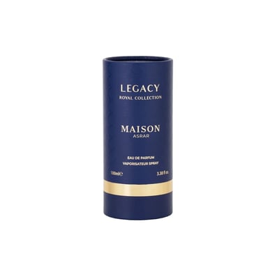 Maison Asrar Legacy by Maison Asrar 100ml EDP Unisex — Blue cylindrical box and matching perfume bottle with gold accents and intricate geometric pattern