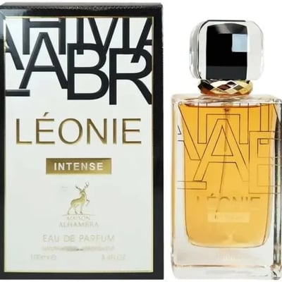 Maison Alhambra Leonie Intense by Maison Alhambra 100ml — A perfume box and bottle are shown side-by-side against a white background. The box has black and gold lettering and a deer logo. The bottle is clear glass with gold lettering and a gold and black cap. | Maison Alhambra Leonie Intense by Maison Alhambra 100ml —