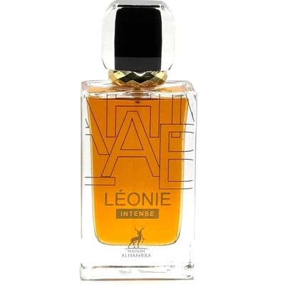 Maison Alhambra Leonie Intense by Maison Alhambra 100ml — A perfume box and bottle are shown side-by-side against a white background. The box has black and gold lettering and a deer logo. The bottle is clear glass with gold lettering and a gold and black cap. | Maison Alhambra Leonie Intense by Maison Alhambra 100ml —