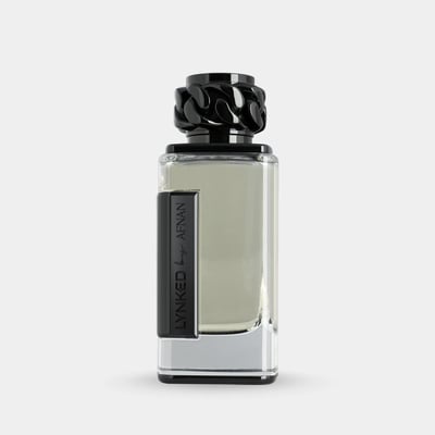 Afnan Lynked Freedom by Afnan — Gray gift box with embossed circle and text, next to a clear glass perfume bottle with black