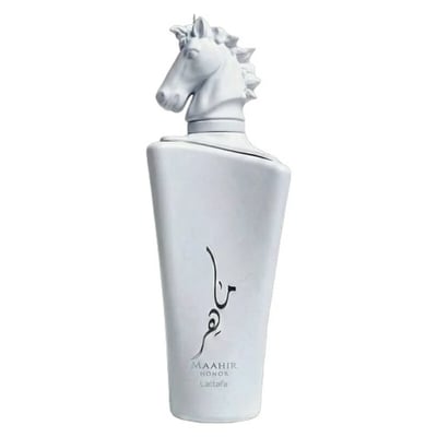 Lattafa Maahir Honor 100ml by Lattafa — White perfume box with a sculpted white horse head in an arched niche, Arabic calligraphy design, and brand text. | Kotak minyak wangi putih dengan kepala kuda putih berukir dalam niche melengkung, reka bentuk kaligrafi Arab, dan teks jenama.