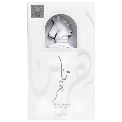 Lattafa Maahir Honor 100ml by Lattafa — White perfume box with a sculpted white horse head in an arched niche, Arabic calligraphy design, and brand text. | Kotak minyak wangi putih dengan kepala kuda putih berukir dalam niche melengkung, reka bentuk kaligrafi Arab, dan teks jenama.