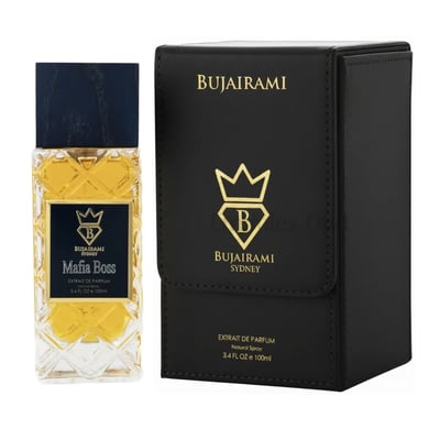 Bujairami Mafia Boss — Clear glass perfume bottle with gold liquid next to a black presentation box with gold logo and text