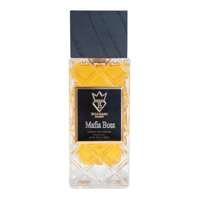 Bujairami Mafia Boss — Clear glass perfume bottle with gold liquid next to a black presentation box with gold logo and text