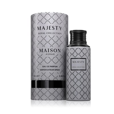 Maison Asrar Majesty by Maison Asrar 100ml EDP Unisex — A grey bottle with a repeating black quatrefoil pattern and a black textured cap, featuring a black label with 'MAJESTY' and 'ROYAL COLLECTION' text.
