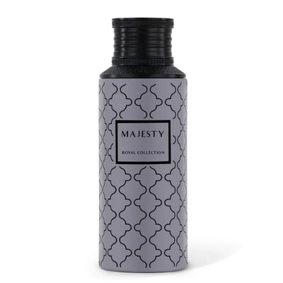 Maison Asrar Majesty by Maison Asrar 100ml EDP Unisex — A grey bottle with a repeating black quatrefoil pattern and a black textured cap, featuring a black label with 'MAJESTY' and 'ROYAL COLLECTION' text.