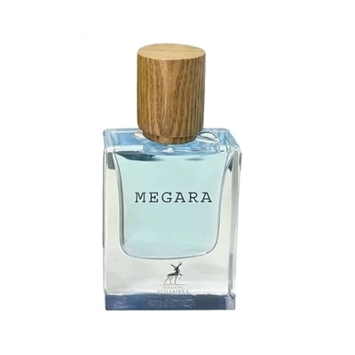 Maison Alhambra Megara 50ml Maison Alhambra — Brown cardboard box with red tree root design and text "MEGARA" next to a clear glass perfume bottle with blue liquid and a wooden cap, featuring the "Maison Alhambra" logo on both. | Maison Alhambra Megara 50ml Maison Alhambra — Kotak kadbod perang dengan reka bentuk akar