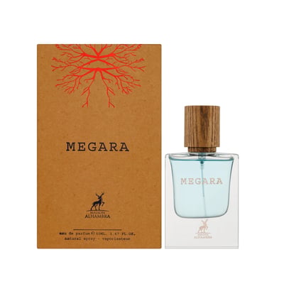 Maison Alhambra Megara 50ml Maison Alhambra — Brown cardboard box with red tree root design and text "MEGARA" next to a clear glass perfume bottle with blue liquid and a wooden cap, featuring the "Maison Alhambra" logo on both. | Maison Alhambra Megara 50ml Maison Alhambra — Kotak kadbod perang dengan reka bentuk akar