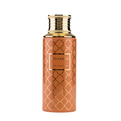 Maison Asrar Monarch by Maison Asrar 100ml EDP Unisex — Orange bottle with gold geometric pattern and gold fluted cap, featuring a central label with 'MONARCH ROYAL COLLECTION'.