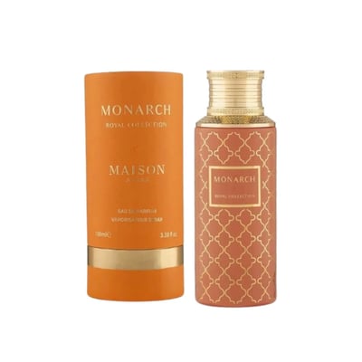Maison Asrar Monarch by Maison Asrar 100ml EDP Unisex — Orange bottle with gold geometric pattern and gold fluted cap, featuring a central label with 'MONARCH ROYAL COLLECTION'.